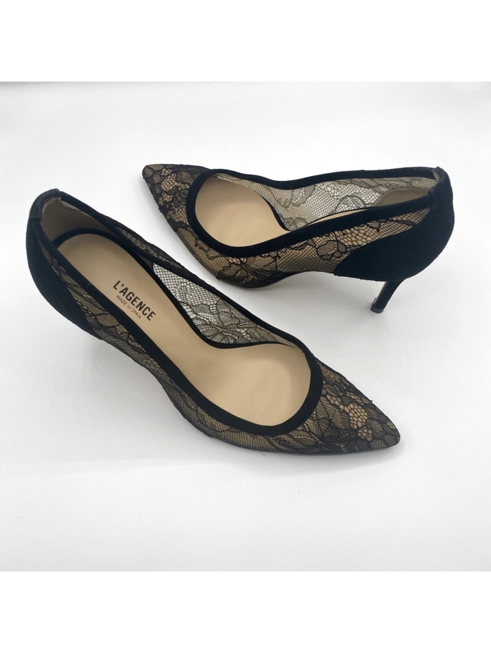 L'AGENCE Simone Black Lace Pointed Toe Heels - Picture 2 of 6